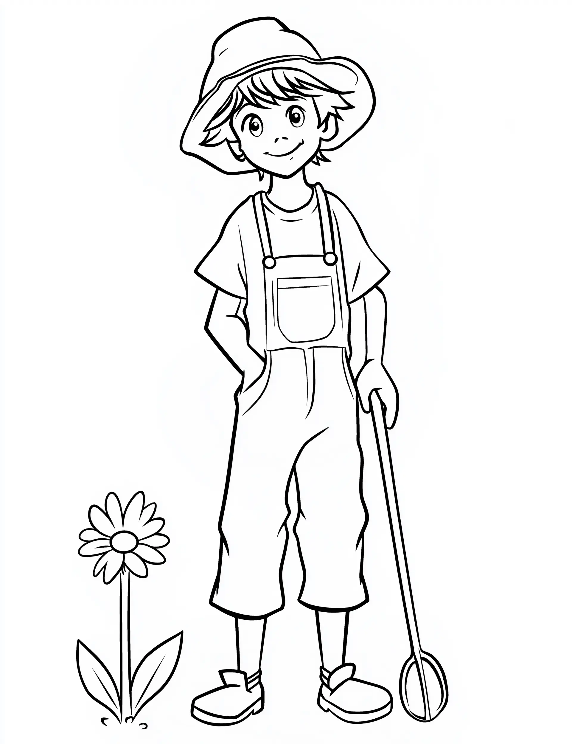 Smiling Young Boy in Overalls Holding Garden Tool with Flower Adult Coloring Page
