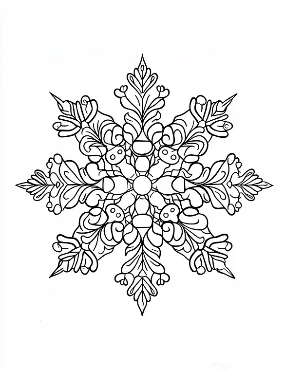 Snowflake Inspired Seasonal Mandala With Nature Elements Coloring Page by Mindset Flow