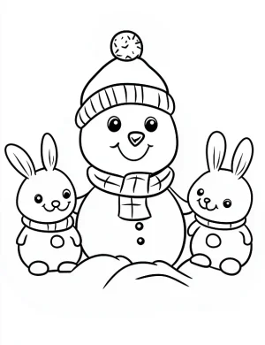Snowman and Bunny Playing in Snow Christmas Coloring Page By Mindset Flow