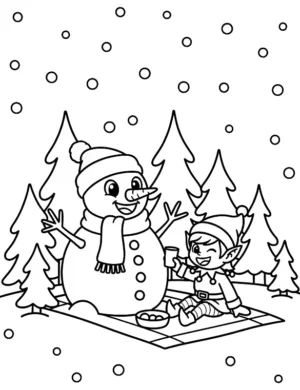 Snowman and Elf Winter Picnic Coloring Page By Mindset Flow