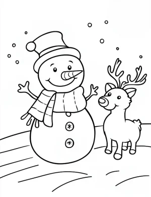 Snowman and Reindeer in Winter Wonderland Coloring Page by Mindset Flow