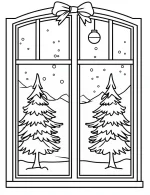Snowy View Through Window with Trees Christmas Coloring Page By Mindset Flow