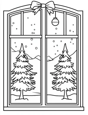 Snowy View Through Window with Trees Christmas Coloring Page By Mindset Flow