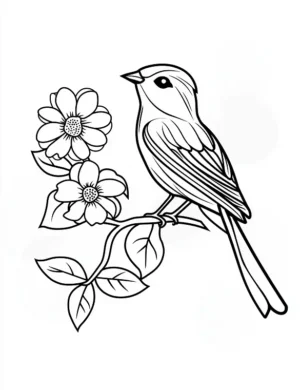 Songbird on Flowering Branch Flower Coloring Page By Mindset Flow