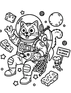 Space Cat in Spacesuit with Fish Coloring Page by Mindset Flow