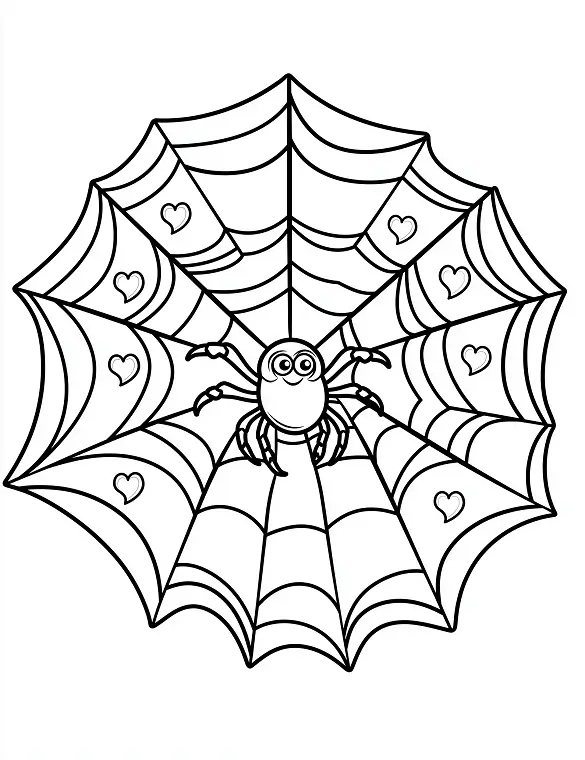 Spider Sitting on Web with Heart Shapes Halloween Coloring Page by Mindset Flow