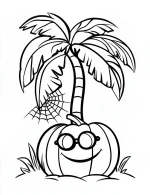 Spider Web on Palm Tree with Pumpkin Halloween Coloring Page by Mindset Flow