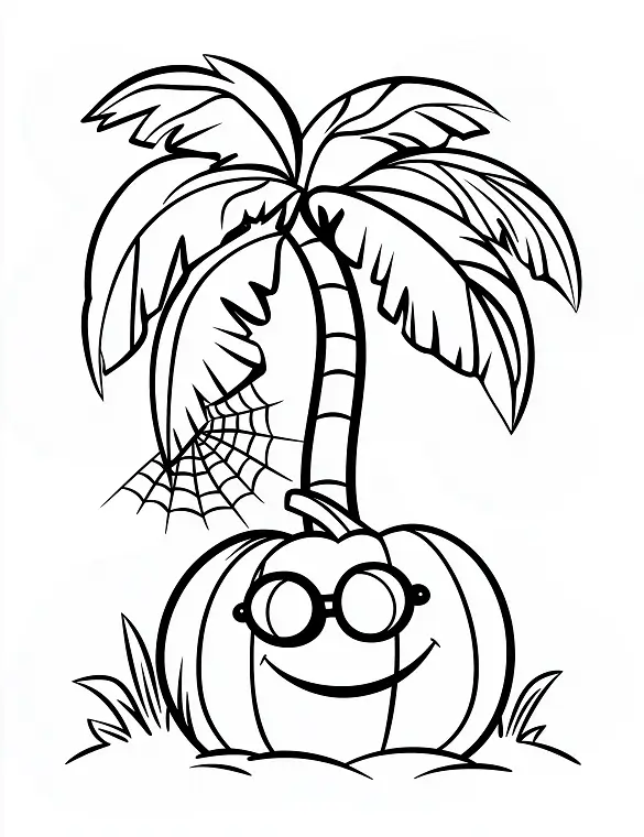 Spider Web on Palm Tree with Pumpkin Halloween Coloring Page by Mindset Flow