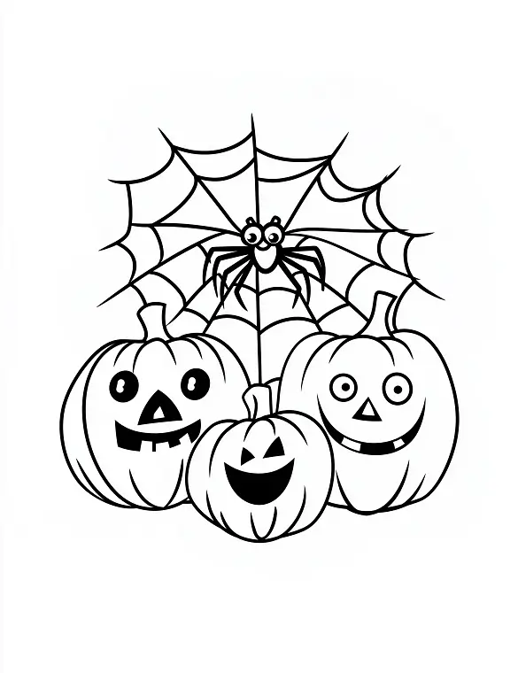 Spider and Web with Pumpkins Halloween Coloring Page by Mindset Flow