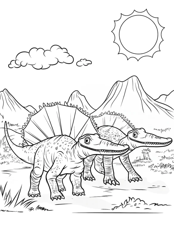 Spinosaurus Dinosaurs in Prehistoric Landscape Coloring Page