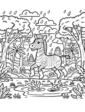 Splashing Rainy Day Zebra Coloring Page By Mindset Flow