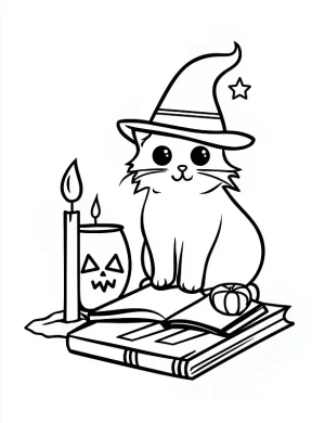 Spooky Cat with Halloween Decor and Books Coloring Page by Mindset Flow