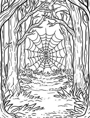 Spooky Forest with Spider Web Halloween Coloring Page by Mindset Flow