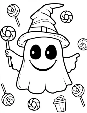 Spooky Ghost With Witch Hat and Lollipop Coloring Page by Mindset Flow