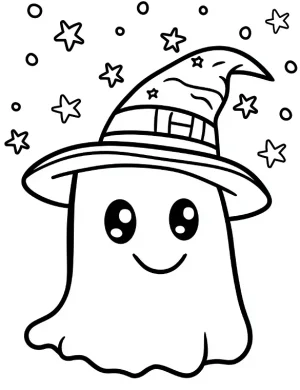 Spooky Ghost with Witch Hat Halloween Coloring Page by Mindset Flow