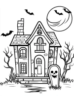 Spooky Haunted House With Graveyard And Bats Halloween Scene Coloring Page by Mindset Flow