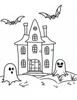 Spooky Haunted House with Bats and Ghosts Halloween Coloring Page by Mindset Flow