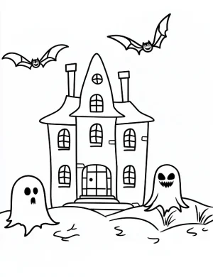 Spooky Haunted House with Bats and Ghosts Halloween Coloring Page by Mindset Flow