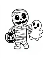 Spooky Mummy Holding a Cartoon Ghost and Pumpkin Bag Coloring Page by Mindset Flow