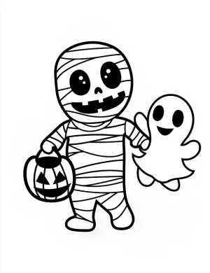 Spooky Mummy Holding a Cartoon Ghost and Pumpkin Bag Coloring Page by Mindset Flow