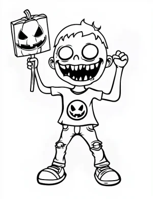 Spooky Pumpkin Head Zombie Holding Sign Coloring Page by Mindset Flow