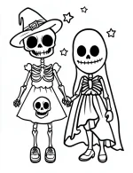 Spooky Skeleton Kids in Witch and Ghost Costumes Halloween Coloring Page by Mindset Flow