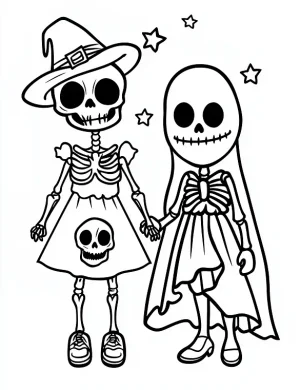 Spooky Skeleton Kids in Witch and Ghost Costumes Halloween Coloring Page by Mindset Flow