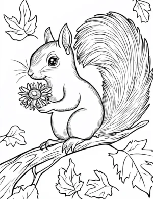 Squirrel Holding A Flower On Branch Flower Coloring Page By Mindset Flow