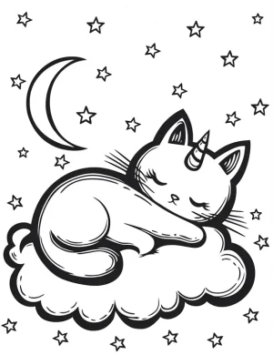 Starry Night Unicorn Cat Sleeping on Cloud Coloring Page