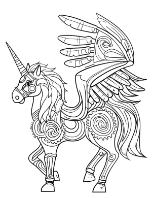 Steampunk Unicorn with Mechanical Gears, Cogs, and Wings Coloring Page