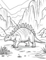 Stegosaurus in Prehistoric Landscape with Mountains and Rocks Coloring Page