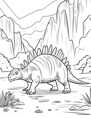 Stegosaurus in Prehistoric Landscape with Mountains and Rocks Coloring Page
