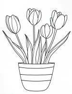 Striped Flowerpot with Tulip Bouquet Coloring Page