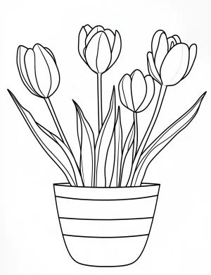 Striped Flowerpot with Tulip Bouquet Coloring Page