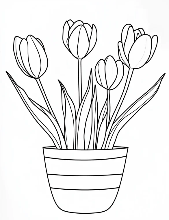 Striped Flowerpot with Tulip Bouquet Coloring Page