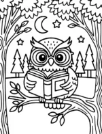 Studious Owl Reading Under the Moon Coloring Page By Mindset Flow