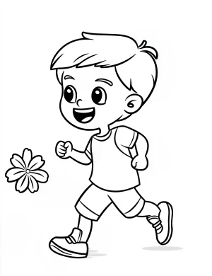 Stylish Boy Running with Flower Coloring Page