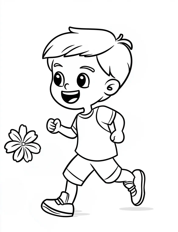Stylish Boy Running with Flower Coloring Page