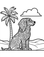 Stylish Dog with Swirling Patterns and Palm Tree Coloring Page by Mindset Flow