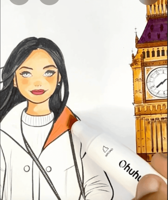 Stylish Girl in Front of Big Ben London Landmark Adult Coloring Page-HowToVideo