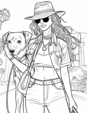 Stylish Woman Strolling With Dog Adult Coloring Page By Mindset Flow