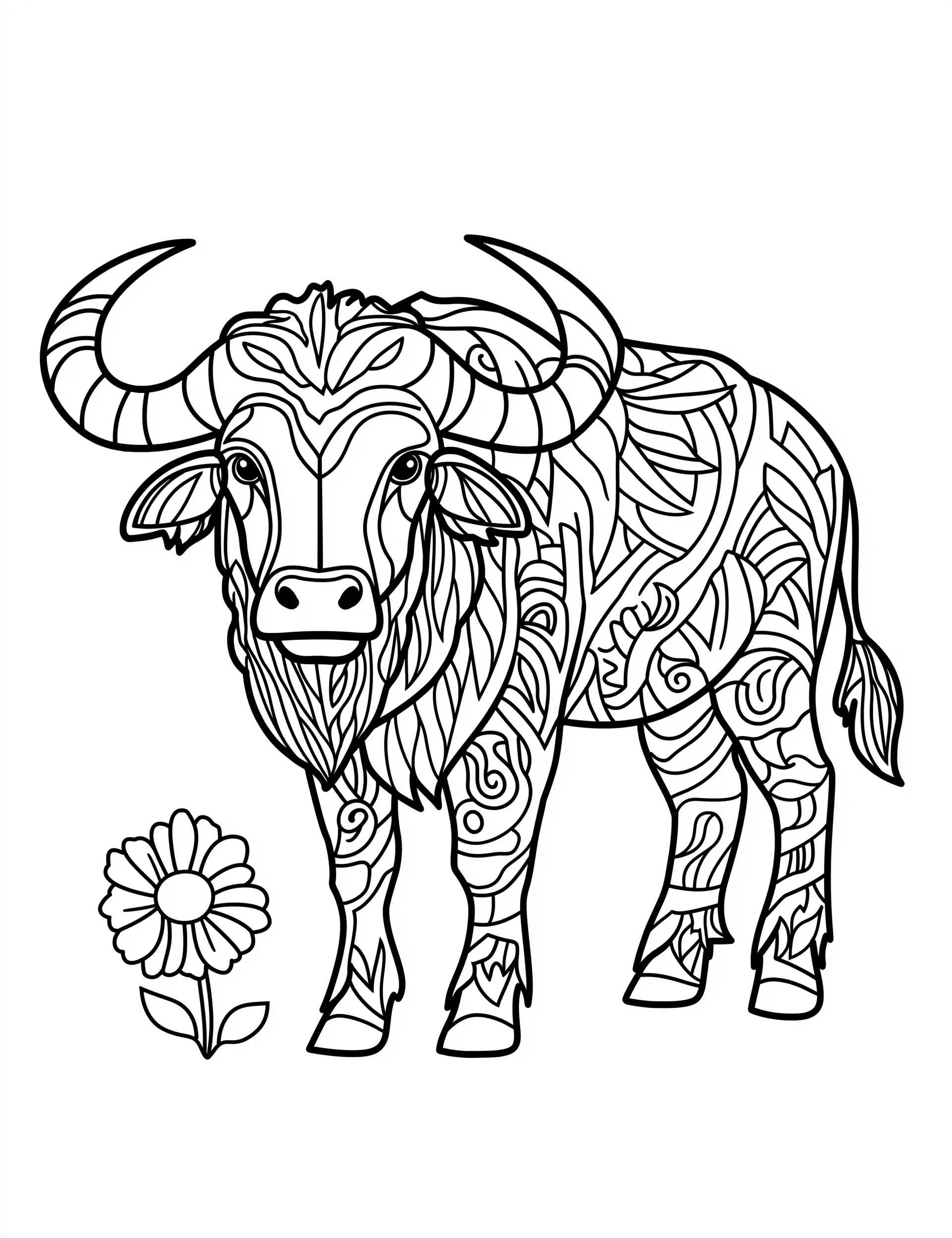 Stylized Buffalo with Intricate Patterns and Flower Adult Coloring Page