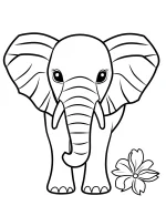Stylized Front-Facing Elephant with Flower Accent Adult Coloring Page