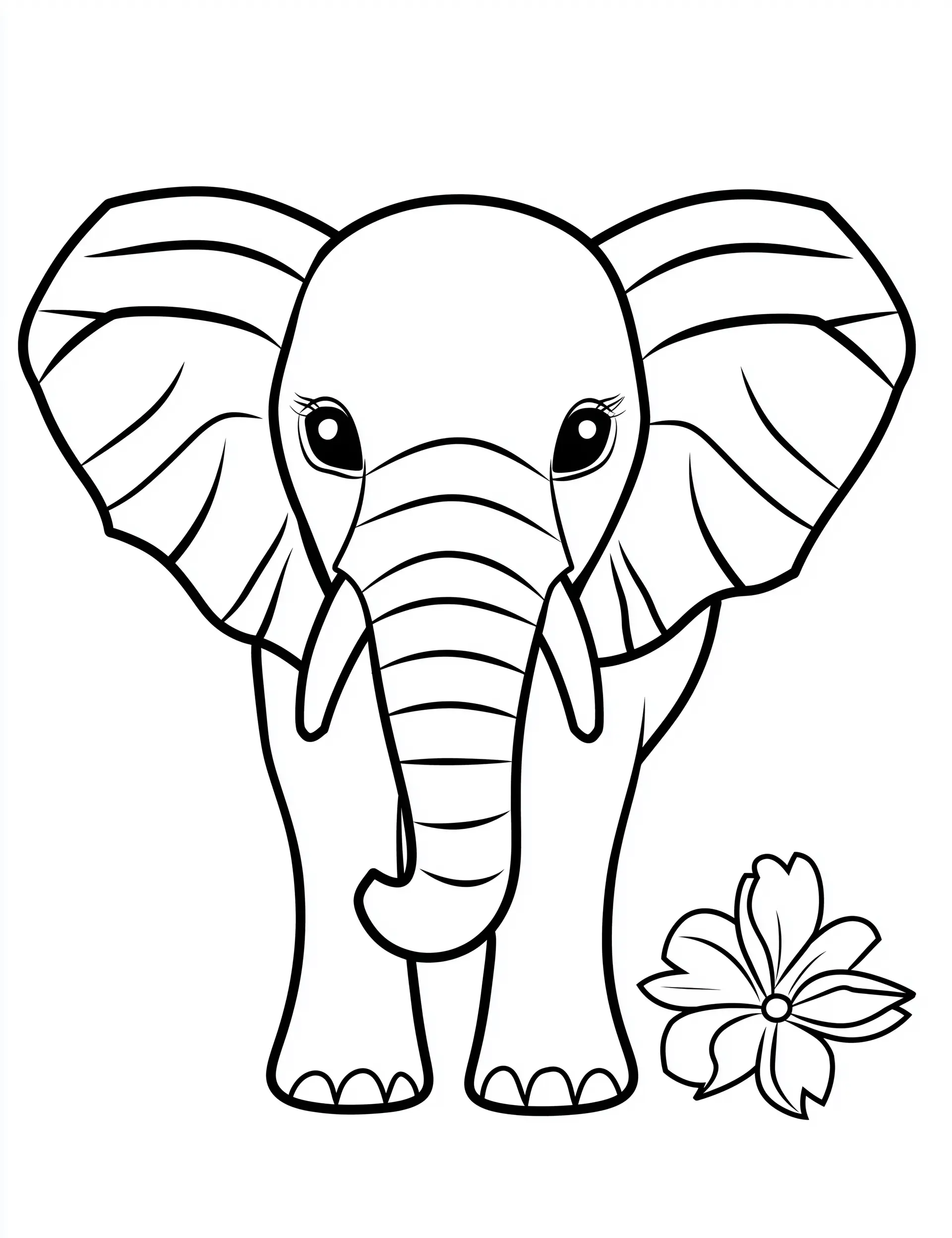 Stylized Front-Facing Elephant with Flower Accent Adult Coloring Page