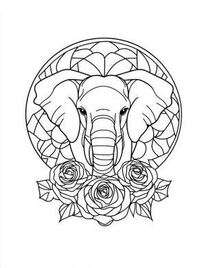 Stylized Geometric Elephant Head with Rose Details Coloring Page by Mindset Flow