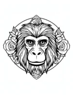 Stylized Monkey Face With Floral Frame Symmetrical Animal Design Coloring Page by Mindset Flow