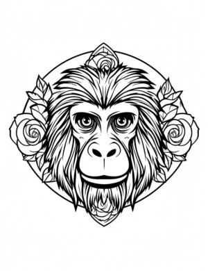 Stylized Monkey Face With Floral Frame Symmetrical Animal Design Coloring Page by Mindset Flow