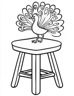 Stylized Peacock Sitting on a Stool with Mandala Feather Patterns Coloring Page by Mindset Flow
