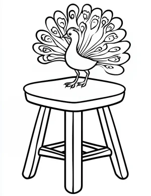 Stylized Peacock Sitting on a Stool with Mandala Feather Patterns Coloring Page by Mindset Flow