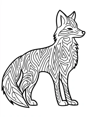 Stylized Standing Fox with Bold Geometric Mandala Pattern Fur Coloring Page by Mindset Flow